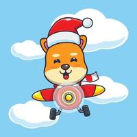 mignon chien shiba inu portant un bonnet de noel volant avec un avion. illustration de dessin animé de noël mignon. vecteur