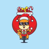 mignon chien shiba inu transportant un cadeau de noël avec une moto. illustration de dessin animé de noël mignon. vecteur