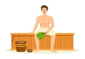 sauna et hammam avec des gens se détendant, se lavant le corps, fumant ou profitant du temps dans l'illustration de modèles dessinés à la main de dessin animé plat vecteur