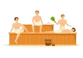 sauna et hammam avec des gens se détendant, se lavant le corps, fumant ou profitant du temps dans l'illustration de modèles dessinés à la main de dessin animé plat vecteur