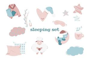 ensemble d'articles pour un meilleur sommeil. pyjama, oreiller, masque facial. relaxation, concepts de sommeil vecteur