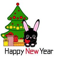 bonne année, un mignon lapin noir près d'un arbre de noël décoré avec des cadeaux. nouvel An chinois vecteur