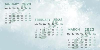 calendrier 2023 par trimestres. mois janvier février mars. la semaine commence le lundi. vecteur