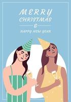 carte joyeux noël et bonne année. amis célébrant les vacances d'hiver. jeunes femmes joyeuses et heureuses. profiter à la fête. vecteur