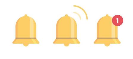 symbole de cloche de notification et cloche de sonnerie jaune avec nouvelle notification pour illustration vectorielle plane de concept de rappel de médias sociaux. vecteur