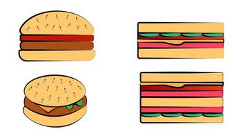 ensemble de vecteurs dessinés à la main de différents types de hamburgers, sandwichs et hot-dogs isolés sur fond blanc vecteur