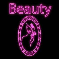 enseigne au néon violet lumineux lumineux pour un coiffeur dans un salon de beauté beau spa de beauté brillant avec une femme devant un miroir sur fond noir. illustration vectorielle vecteur
