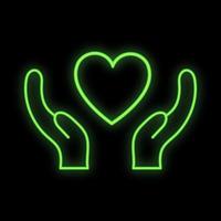 enseigne au néon numérique festif vert lumineux lumineux pour boutique ou carte de voeux beau brillant avec des mains d'amour avec un coeur sur fond noir. illustration vectorielle vecteur