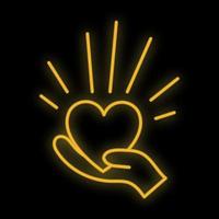 enseigne au néon numérique festive jaune lumineux lumineux pour boutique ou carte de voeux belle brillante avec des mains d'amour avec un coeur sur fond noir. illustration vectorielle vecteur