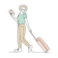 dessin au trait continu ou dessin d'une ligne d'une femme de voyage avec une valise, dessin à la main. illustration vectorielle. vecteur
