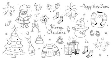 grande collection d'éléments et de lettrages du nouvel an dessinés à la main. ensemble de griffonnages mignons de personnages de noël et arbre, champagne, cierge magique, feu d'artifice, confettis, bougie, coffrets cadeaux et vêtements d'hiver. vecteur