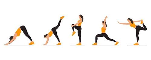 ensemble de poses de yoga et d'étirement de femme sans visage, collection de positions de yoga de dessin animé féminin isolées sur fond blanc, entraînement de yoga complet du corps vecteur