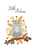 carte postale d'automne avec hibou sur branche, glands et feuilles vecteur