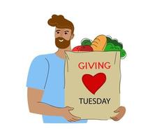 donnant mardi, illustration d'un homme faisant un don. bannière plate de doodle de dessin animé de vecteur pour les médias sociaux
