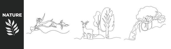 concept d'ensemble de nature de dessin d'une seule ligne. feuilles et tiges, cerf dans la forêt et l'arbre. illustration vectorielle graphique de conception de dessin en ligne continue. vecteur