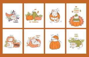 dessiner des chats drôles avec des citrouilles pour l'action de grâces et l'automne automne illustration vectorielle collection de personnages chats drôles. style de dessin animé de griffonnage. vecteur