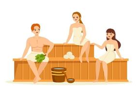 sauna et hammam avec des gens se détendant, se lavant le corps, fumant ou profitant du temps dans l'illustration de modèles dessinés à la main de dessin animé plat vecteur