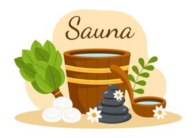 sauna et hammam avec des gens se détendant, se lavant le corps, fumant ou profitant du temps dans l'illustration de modèles dessinés à la main de dessin animé plat vecteur