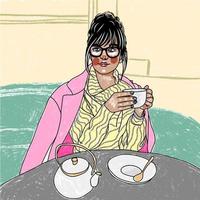 fille à lunettes avec une tasse de thé dans un café vecteur