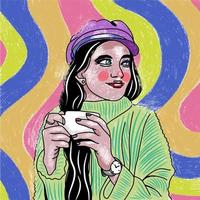 fille dans un pull chaud avec une tasse de café, illustration avec fond géométrique clair vecteur