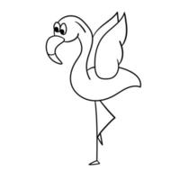 flamant rose simple, vecteur de contour. illustration vectorielle de flamant rose de dessin animé. le mignon flamant rose a levé ses ailes et se tient sur une jambe.