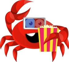 crabe avec pop-corn et lunettes 3d, illustration, vecteur sur fond blanc.