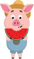 cochon mangeant de la pastèque, vecteur ou illustration couleur.