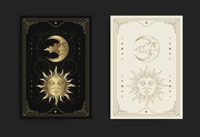 visage soleil et lune en gravure, style luxe, ésotérique, bohème. convient aux spirites, médiums, tarot, diseurs de bonne aventure, astrologues et tatoueurs vecteur