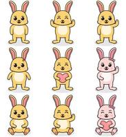 jeu d'illustrations vectorielles de dessin animé de lapin. paquet de jeu de lapin mignon. ensemble d'animaux. personnages isolés de dessins animés et de vecteurs. une collection d'animaux dans le style des enfants. vecteur