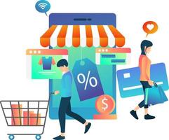 illustration de shopping dans une boutique en ligne à la recherche de remises adaptées à la page de destination, aux dépliants, aux infographies et à d'autres actifs liés au graphique-vecteur vecteur