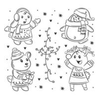 ensemble d'animaux de noël de coloriage dessiné à la main vecteur