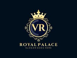lettre vr logo victorien de luxe royal antique avec cadre ornemental. vecteur