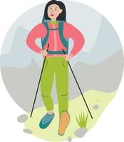 une fille fait de la randonnée dans les montagnes avec un sac à dos, un randonneur de dessin animé sur le fond des montagnes, une promenade à l'extérieur vecteur