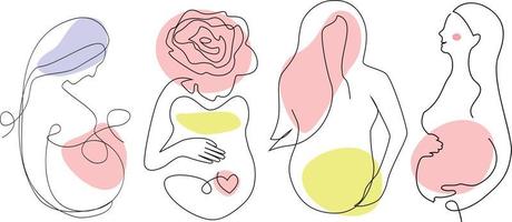 silhouettes de femmes enceintes ensemble style d'art en ligne ensemble de chaussettes mère boho un dessin au trait avec des taches de couleur d'accent pour l'art mural, l'impression de cartes, les produits de maternité vecteur