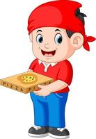 gars joyeux du service de livraison en t-shirt rouge et tenant des boîtes à pizza vecteur