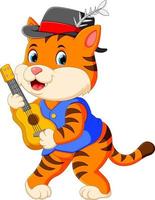le tigre mignon utilise le chapeau noir et joue de la guitare vecteur