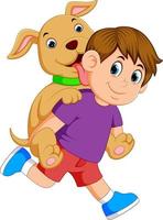 un garçon avec un tissu violet et un pantalon rouge ramasse son chien mignon vecteur