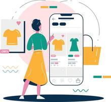 une cliente fait des achats en ligne dans une application mobile vecteur