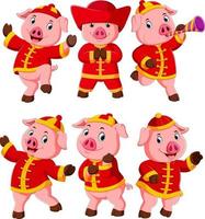 une collection de petits cochons roses utilise un costume de nouvel an chinois vecteur