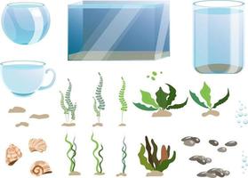 ensemble vectoriel de différents aquariums, plantes sous-marines, pierres, tas de sable et coquillages. tous les objets sont isolés