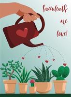 affiche vectorielle avec diverses plantes succulentes et arrosage à la main. succulents est une copie d'amour incluse vecteur