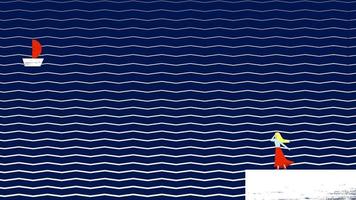 illustration vectorielle avec fond de mer abstrait. assol girl se tient sur le rivage et regarde la voile rouge sur le navire. mer bleue marine abstraite avec motif en zigzag vecteur