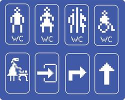 un ensemble d'icônes de toilette pixel. signe de toilette. hommes, femmes, mère avec enfants et symboles handicapés. toilettes pour hommes, femmes et handicapés. graphiques vectoriels. vecteur