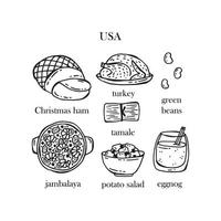 ensemble vectoriel d'illustrations de plats de noël américains. nouvel An. cuisine traditionnelle des états-unis d'amérique.