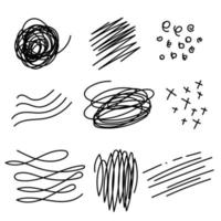 lignes bouclées et gribouillis au crayon fusain. jeu de vecteurs de coups de pinceau gribouillis. gribouillis de marqueurs dessinés à la main. croquis au crayon noir. lignes de coup de pinceau, gribouillis, barbouillages isolés sur fond blanc. vecteur