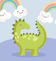 dinosaure de dessin animé avec des arcs-en-ciel et des nuages vecteur