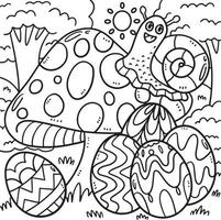 coloriage escargot sur champignon avec oeufs de pâques vecteur