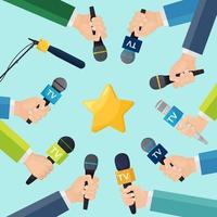 mains de journalistes avec microphones de télévision et star. dernières nouvelles, conférence de presse, médias de masse, journalisme, concept d'interview vecteur