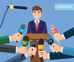 microphones dans les mains des journalistes lors d'une conférence de presse ou d'une interview vecteur
