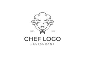 restaurant rétro vintage et création de logo de ligne de chef professionnel avec une casquette ou un chapeau de chef et un concept de badge vecteur
